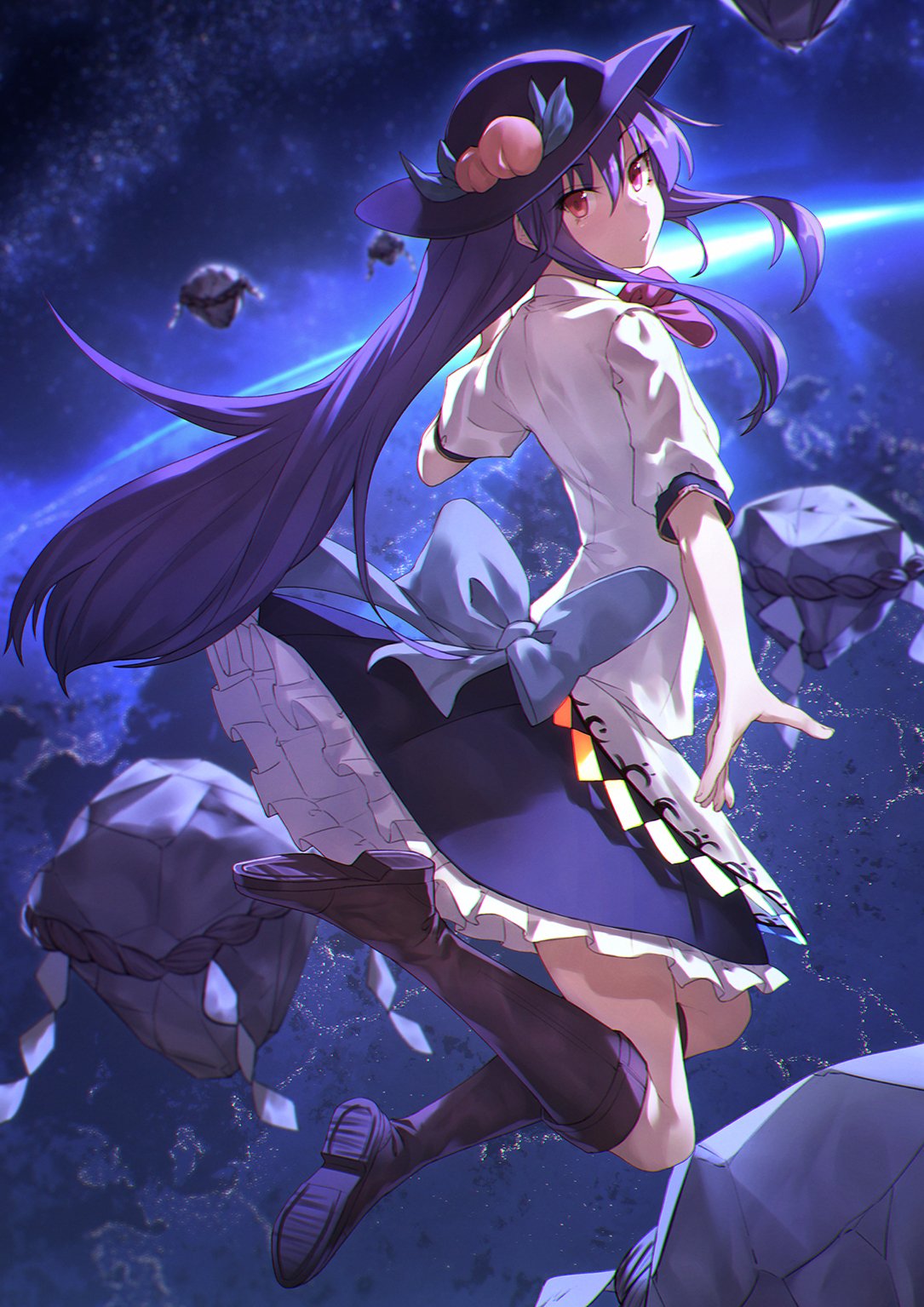1girl black_footwear blue_hair blue_skirt boots bow bowtie chromatic_aberration city_lights commentary_request earth floating food frilled_skirt frills fruit full_body hat highres hinanawi_tenshi ibuki_notsu keystone knee_boots landscape long_hair looking_at_viewer miniskirt neck_ribbon peach petticoat puffy_short_sleeves puffy_sleeves red_eyes red_neckwear ribbon rope shimenawa shirt short_sleeves skirt solo space touhou very_long_hair white_shirt