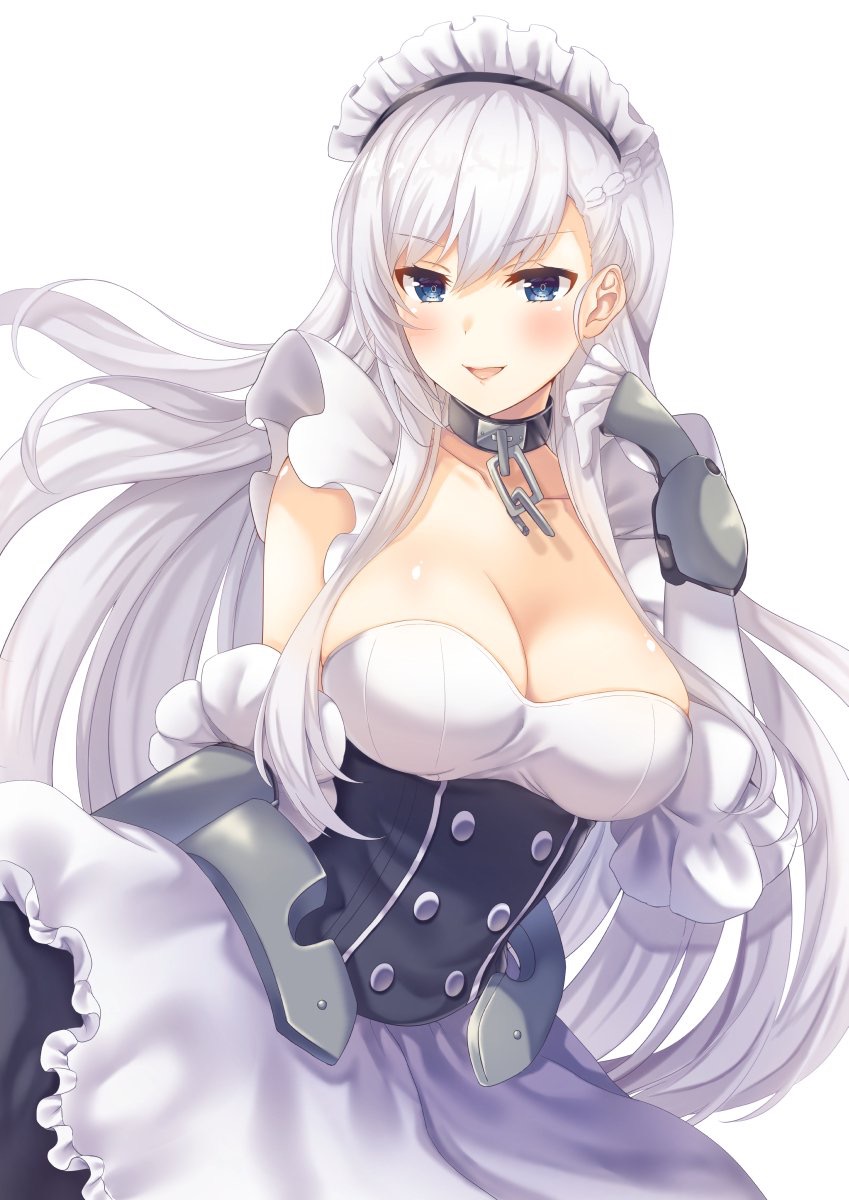 1girl azur_lane bangs belfast_(azur_lane) blue_eyes blush braid breasts chains cleavage collar collarbone commentary_request eyebrows_visible_through_hair french_braid gloves highres ichigo_seika large_breasts long_hair looking_at_viewer maid maid_headdress silver_hair simple_background smile solo upper_body white_background