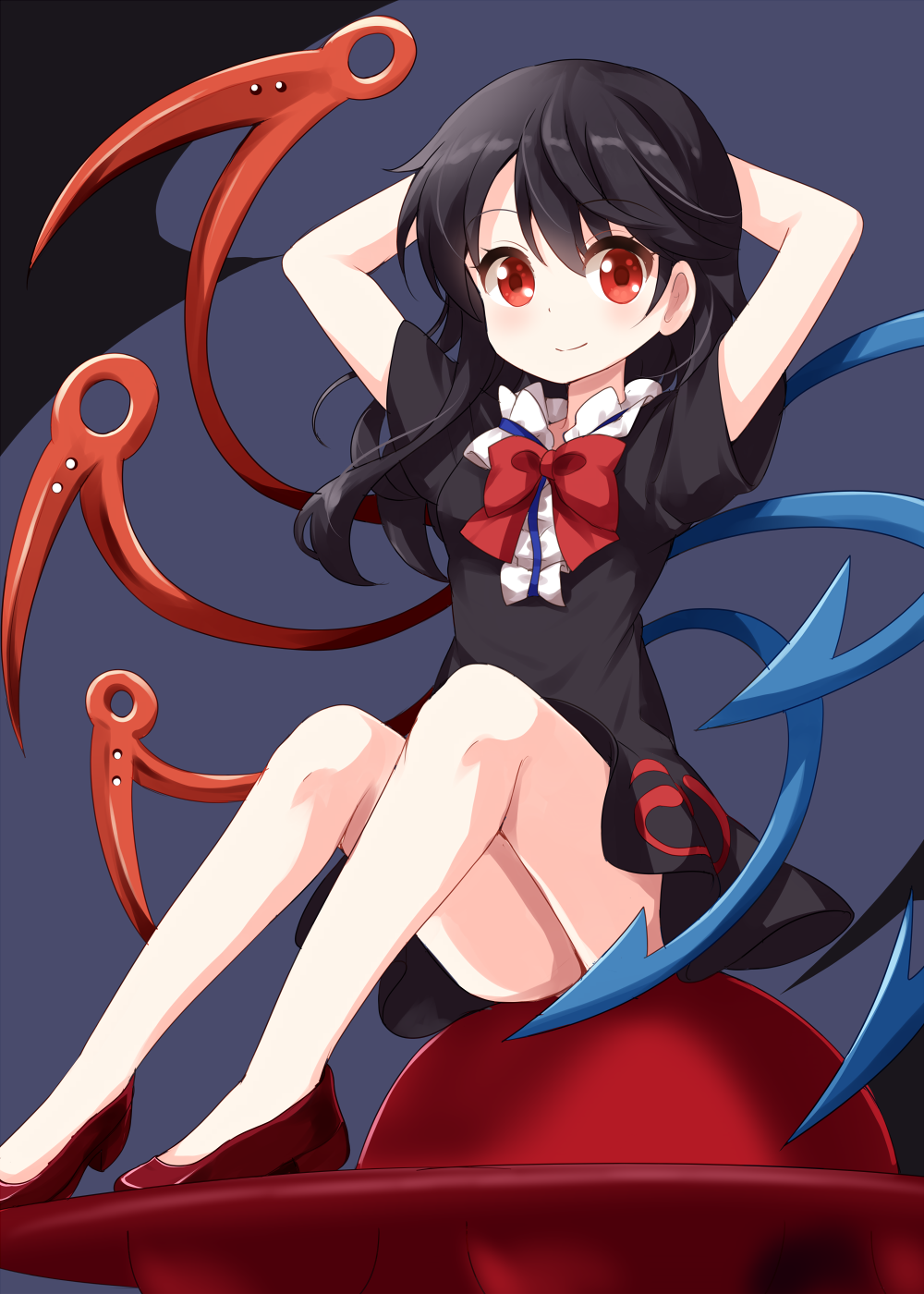 1girl arms_behind_head arms_up ass asymmetrical_wings bare_legs black_background black_dress black_hair blue_background blue_wings bow bowtie breasts center_frills commentary_request dress eyebrows_visible_through_hair hair_between_eyes highres houjuu_nue knees_up long_hair looking_at_viewer medium_breasts red_bow red_eyes red_footwear red_neckwear red_wings ruu_(tksymkw) short_dress short_sleeves sitting smile solo thighs touhou two-tone_background ufo wings