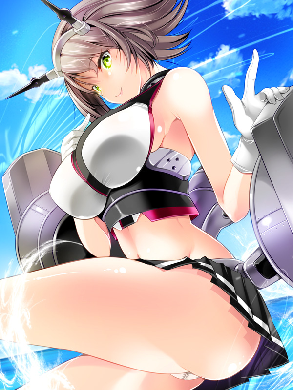 1girl armpits ass bare_shoulders black_hair black_skirt blush breasts closed_mouth commentary_request from_side gloves green_eyes hairband headgear kantai_collection large_breasts looking_at_viewer looking_to_the_side maki_(seventh_heaven_maxion) midriff miniskirt mutsu_(kantai_collection) panties pantyshot radio_antenna short_hair skirt smile solo thighs turret underwear white_gloves white_panties