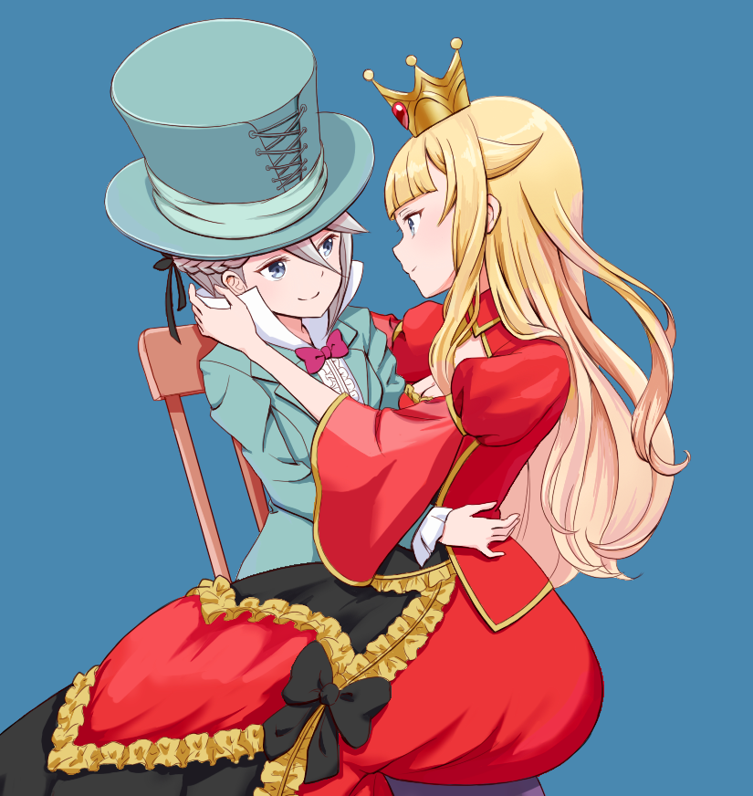 2girls alice_in_wonderland ange_(princess_principal) aqua_hat black_ribbon blazer blonde_hair blue_background blue_eyes bow braid brown_hair center_frills chair closed_mouth commentary_request cosplay crown dress hair_between_eyes hair_flaps hair_ribbon hat jacket long_hair looking_at_another mad_hatter mad_hatter_(cosplay) multiple_girls pink_bow princess_(princess_principal) princess_principal puffy_sleeves queen_of_hearts queen_of_hearts_(cosplay) red_dress ribbon shirt sitting sitting_on_lap sitting_on_person smile top_hat waon_(waon_oekk) white_shirt