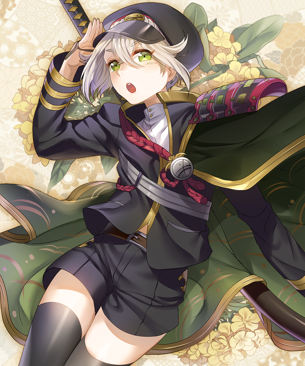 1boy :o alternate_legwear armor black_legwear boba cape flower green_eyes hat highres hotarumaru japanese_armor male_focus ootachi open_mouth salute shorts silver_hair sode sword thigh-highs touken_ranbu weapon