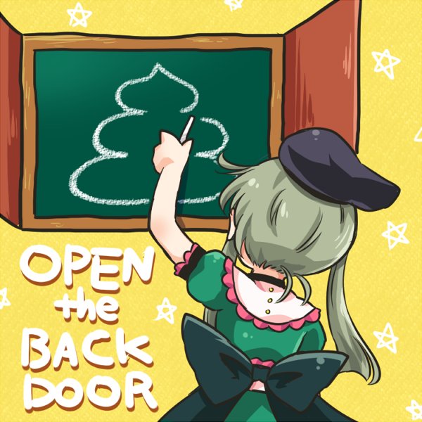 1girl black_bow black_hat bow chalk chalkboard door dress english frills from_behind green_dress green_hair hat left-handed poop pote_(ptkan) puffy_short_sleeves puffy_sleeves short_hair_with_long_locks short_sleeves solo star starry_background tate_eboshi teireida_mai touhou yellow_background