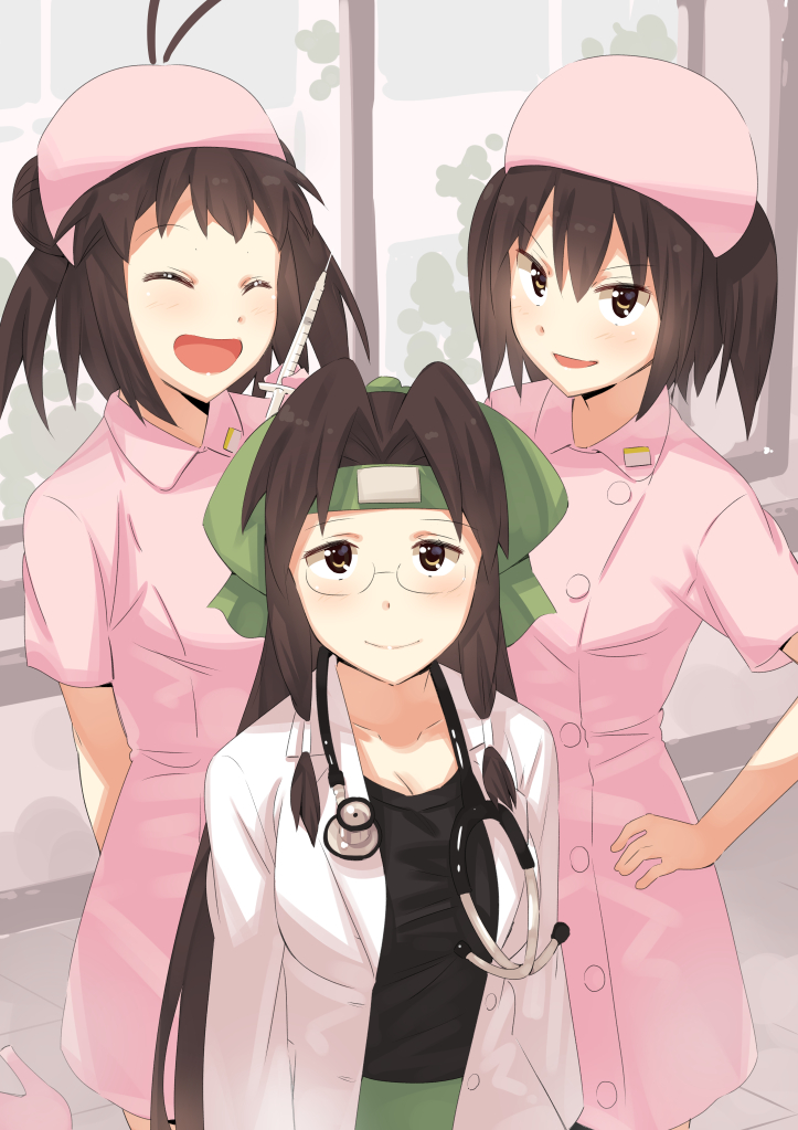 3girls :d ^_^ ^o^ ahoge alternate_costume bespectacled brown_eyes brown_hair closed_eyes collarbone commentary_request double_bun glasses hair_intakes half_updo hat jintsuu_(kantai_collection) kantai_collection long_hair long_sleeves multiple_girls naka_(kantai_collection) nurse nurse_cap open_mouth sendai_(kantai_collection) short_hair short_sleeves smile tonari_no_kai_keruberosu two_side_up