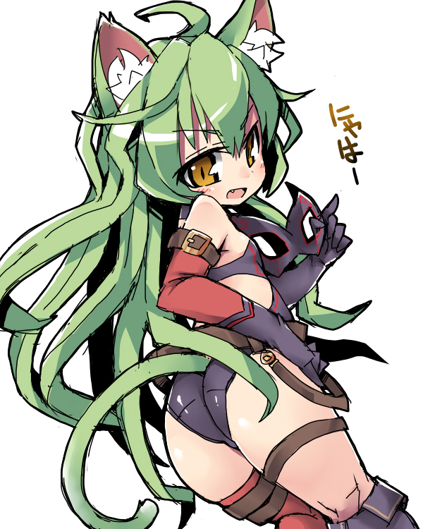 1girl animal_ears ass black_gloves bodysuit cat_ears elbow_gloves fangs from_behind gloves green_hair holding holding_mask long_hair looking_at_viewer looking_back mask mask_removed nemui_(nemui) open_mouth sennen_sensou_aigis simple_background solo tail thighs very_long_hair white_background yellow_eyes