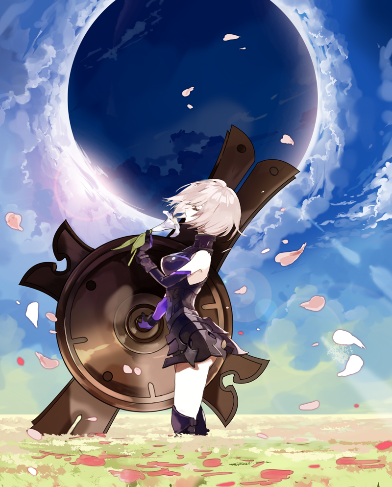 1girl armor armored_boots black_footwear black_gloves boots closed_eyes eclipse elbow_gloves fate/grand_order fate_(series) floating_hair flower from_side gloves holding holding_flower holding_shield lens_flare mash_kyrielight petals razavi shield short_hair silver_hair solo standing white_flower