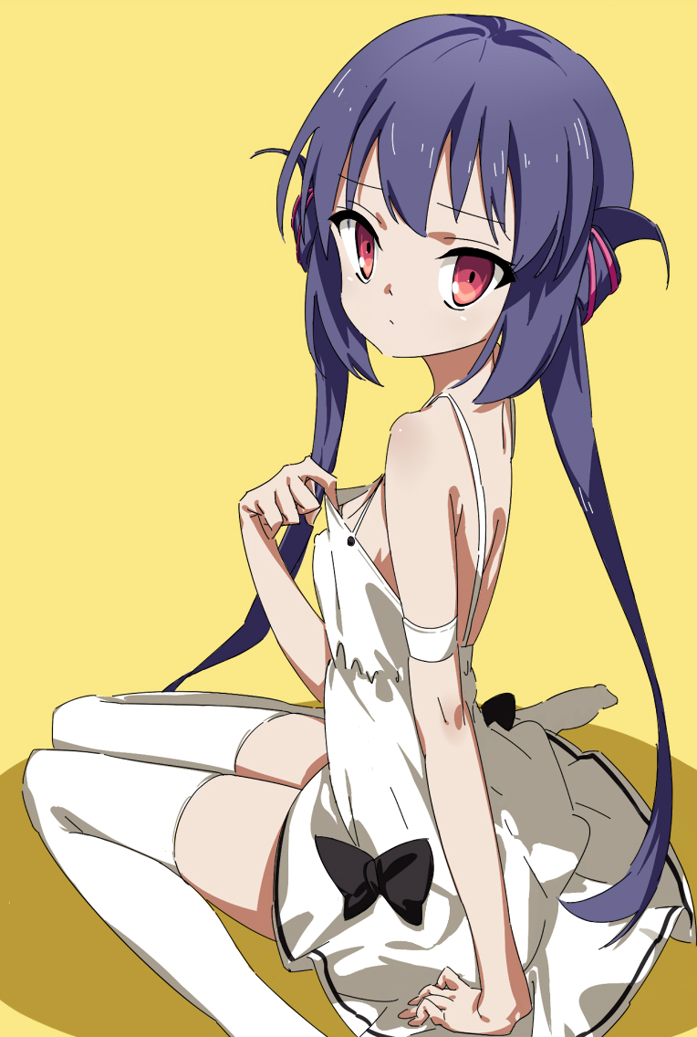 1girl arm_support bare_shoulders black_bow black_hair bow clover_days dress erect_nipples from_side hair_ornament long_hair looking_at_viewer mecha no_bra purple_hair red_eyes sitting solo takakura takakura_anri thigh-highs twintails very_long_hair wariza white_dress white_legwear