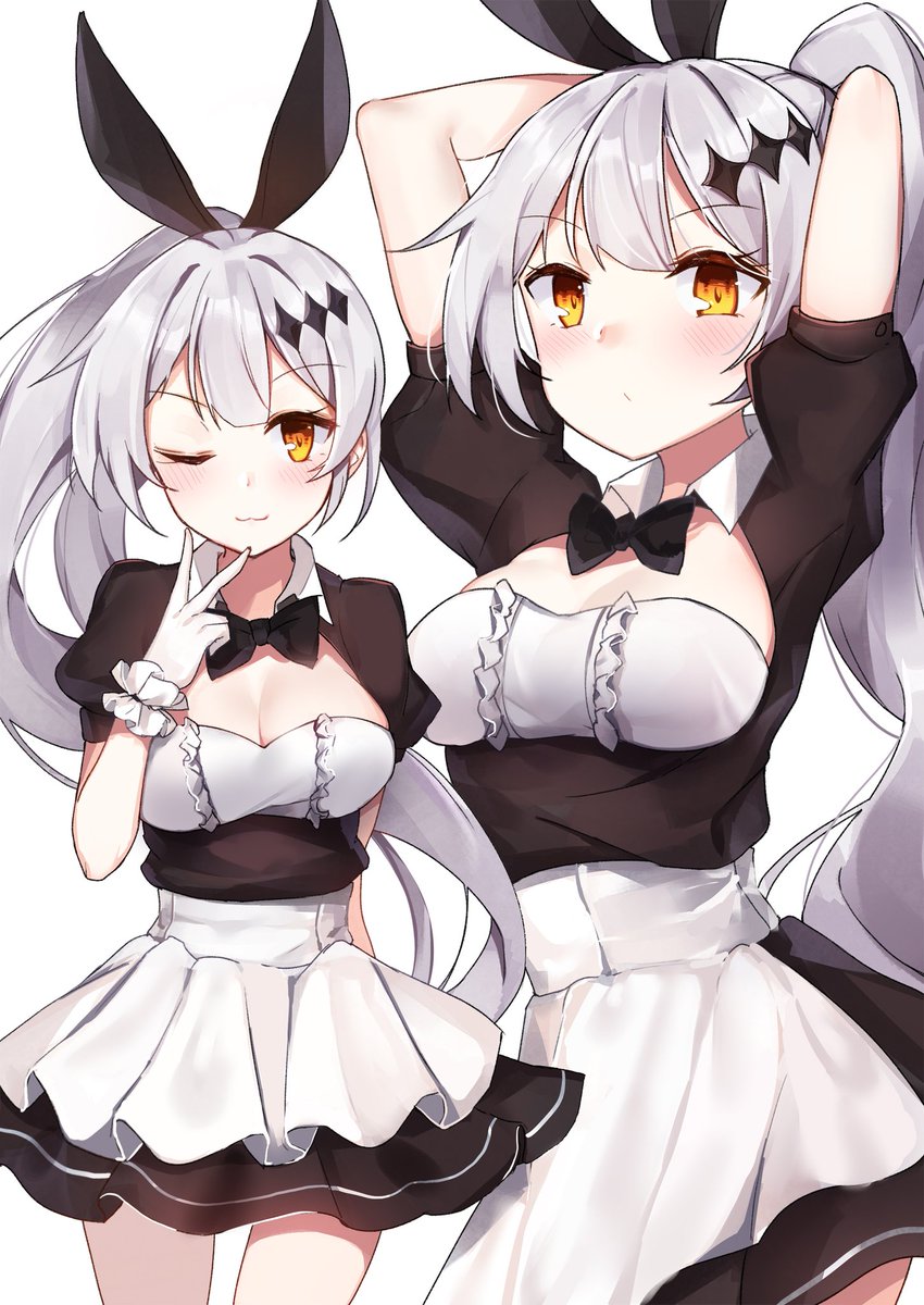 1girl apron arms_behind_head arms_up bada_(jksh5056) bangs black_bow blush bow breasts closed_mouth eyebrows_visible_through_hair five-seven_(girls_frontline) girls_frontline grey_hair hair_bow highres long_hair maid medium_breasts multiple_views ponytail short_sleeves simple_background smile solo tsurime very_long_hair waist_apron white_background yellow_eyes