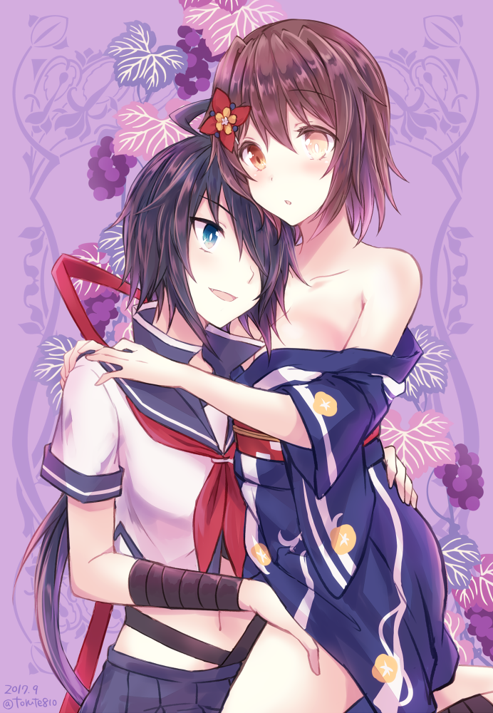 2girls bikini black_hair blue_bikini blue_skirt breasts brown_eyes brown_hair cleavage collarbone crop_top eyebrows_visible_through_hair flower furutaka_(kantai_collection) hair_flower hair_ornament heterochromia kabocha_torute kako_(kantai_collection) kantai_collection long_hair medium_breasts midriff multiple_girls navel neckerchief off_shoulder open_mouth pleated_skirt ponytail purple_background red_flower red_neckwear red_ribbon ribbon shirt short_hair short_sleeves skirt stomach swimsuit very_long_hair white_shirt yellow_eyes yuri