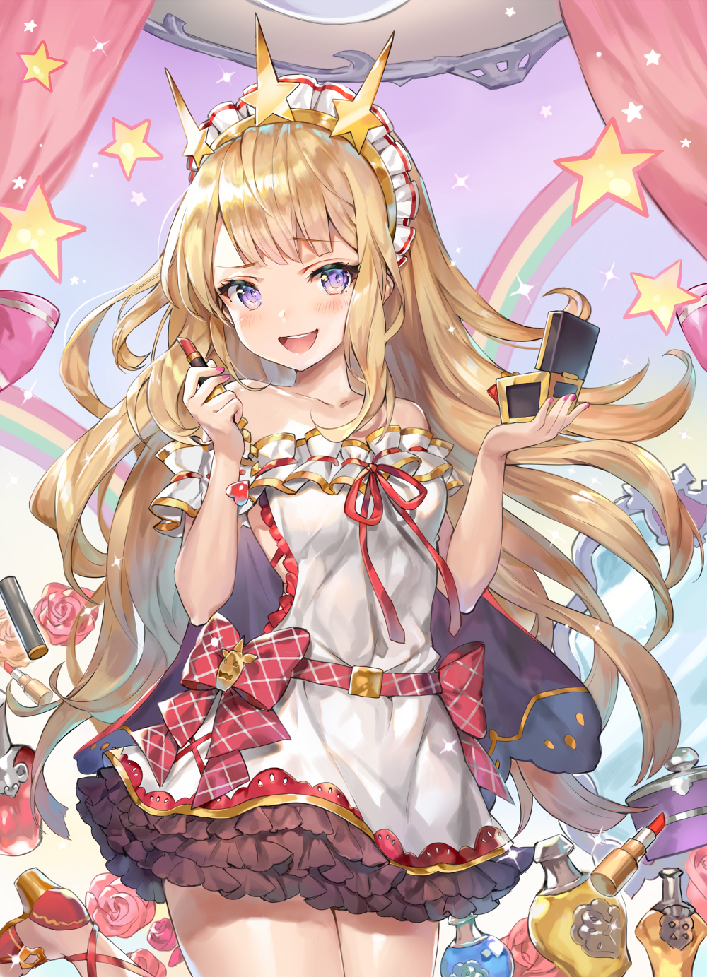 1girl :d bangs bare_arms bare_shoulders belt blonde_hair blush bottle bow breasts cagliostro_(granblue_fantasy) collarbone cowboy_shot curtains dress eyebrows_visible_through_hair flower frilled_dress frills glint granblue_fantasy high_heels highres holding leg_up lipstick_tube long_hair looking_at_viewer maid_headdress mirror momoko_(momopoco) nail_polish off-shoulder_dress off_shoulder open_mouth perfume_bottle pink_rose rainbow red_bow red_footwear red_nails rose short_sleeves small_breasts smile standing standing_on_one_leg star tareme thighs very_long_hair violet_eyes