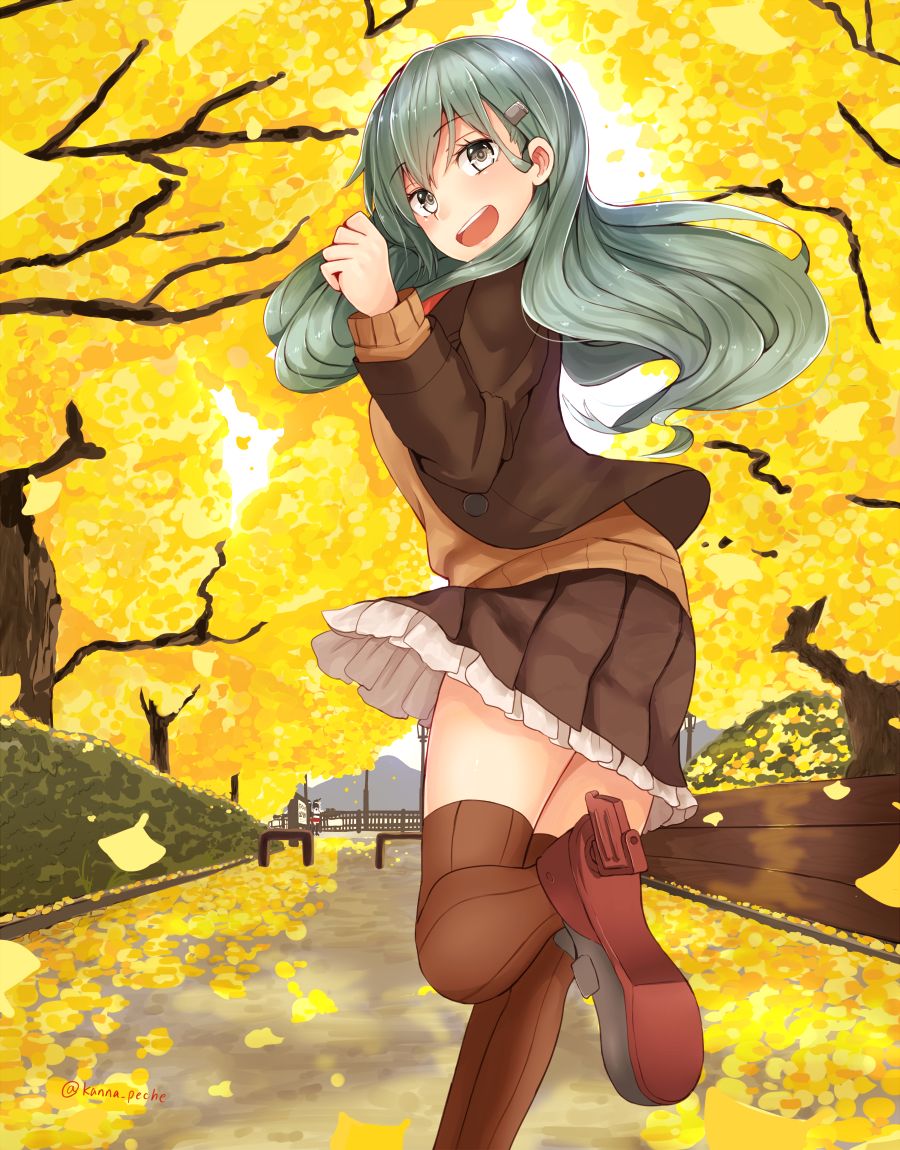 1girl :d aqua_hair autumn autumn_leaves bangs bench blazer blush brown_eyes brown_jacket brown_legwear brown_skirt day eyebrows_visible_through_hair foreshortening frilled_skirt frills from_behind hair_ornament hairclip jacket kantai_collection long_hair long_sleeves looking_back narushima_kanna open_blazer open_clothes open_jacket open_mouth outdoors pleated_skirt red_footwear road round_teeth running school_uniform shoe_soles shoes skirt smile solo_focus street suzuya_(kantai_collection) teeth thigh-highs tree twitter_username zettai_ryouiki