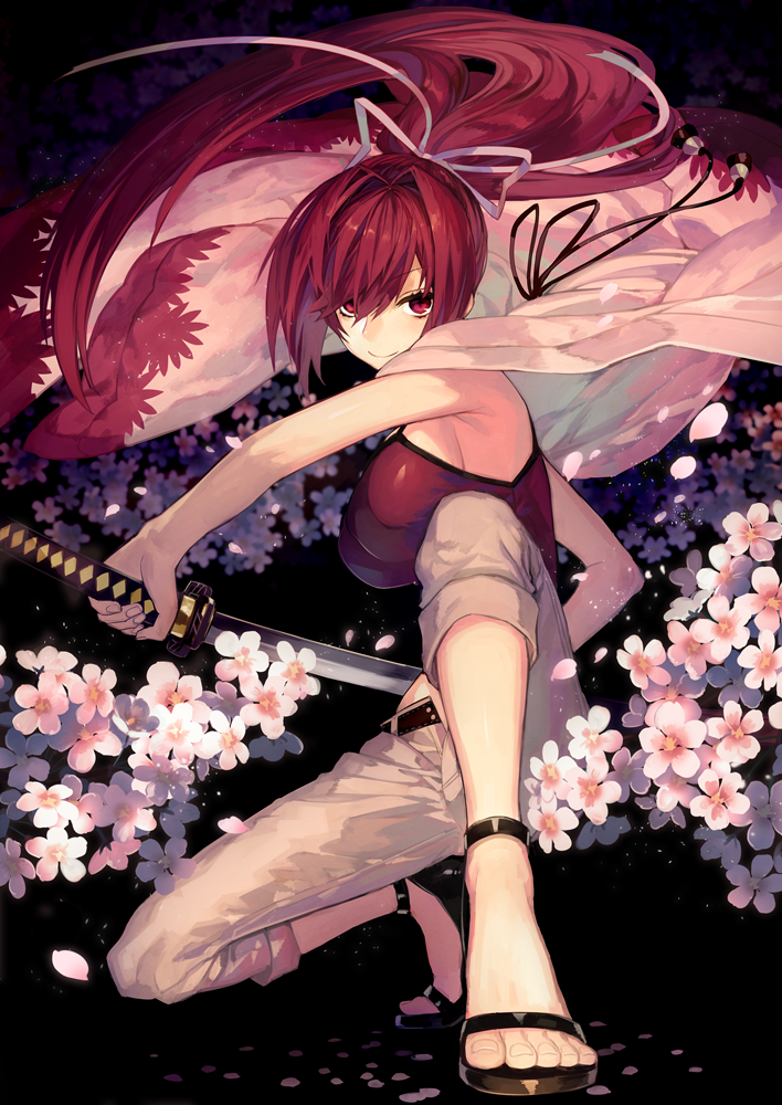 1girl belt breasts flower hair_intakes hair_ribbon holding holding_sword holding_weapon katana large_breasts long_hair looking_at_viewer pants petals ponytail red_eyes ribbon sheath smile solo suzunashi sword under_night_in-birth unsheathing weapon yuzuriha_(under_night_in-birth)