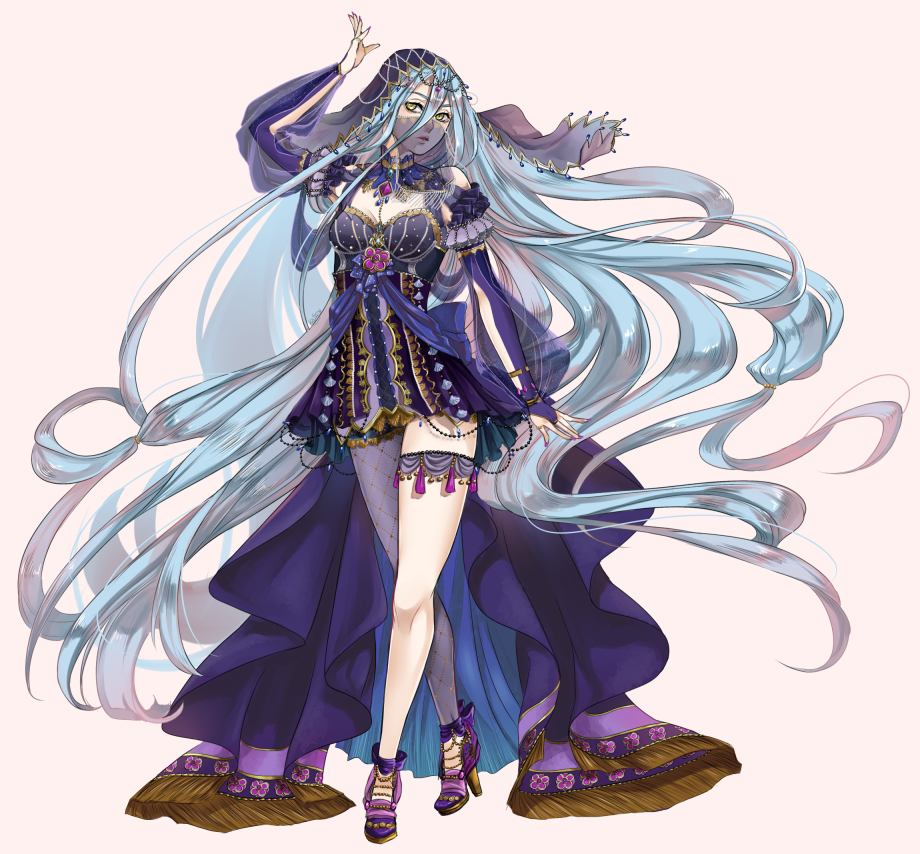 1girl absurdly_long_hair aqua_(fire_emblem_if) blue_hair detached_sleeves fire_emblem fire_emblem_if high_heels jewelry kairiwhisper long_hair looking_at_viewer necklace pink_background simple_background solo thigh-highs veil very_long_hair yellow_eyes