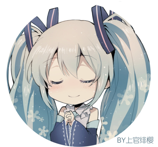 1girl artist_name bangs bare_shoulders blue_neckwear blush chibi closed_eyes closed_mouth collared_shirt detached_sleeves eyebrows_visible_through_hair facing_viewer grey_shirt hands_clasped hatsune_miku interlocked_fingers long_hair long_sleeves necktie own_hands_together shangguan_feiying shirt smile solo twintails very_long_hair vocaloid wing_collar