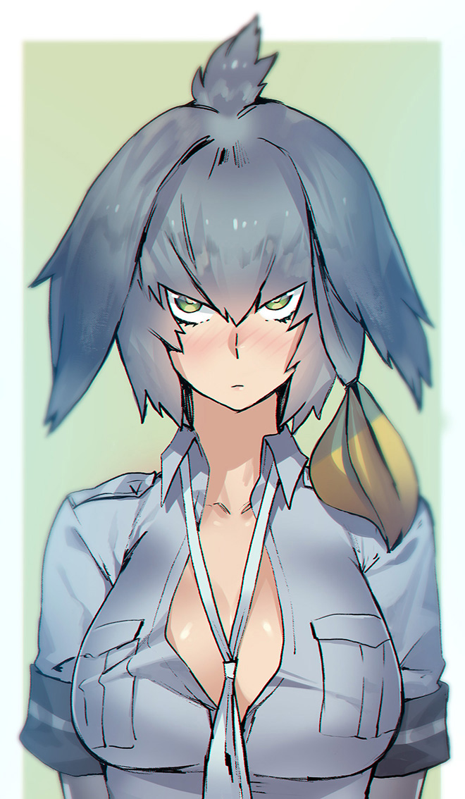 1girl bangs between_breasts blush breast_pocket breasts closed_mouth collarbone collared_shirt green_eyes grey_hair grey_shirt hair_between_eyes harabacho_(gkfkqkch1) kemono_friends large_breasts long_hair looking_at_viewer low_ponytail multicolored_hair necktie necktie_between_breasts nose_blush orange_hair partially_unbuttoned pocket shirt shoebill_(kemono_friends) short_sleeves side_ponytail solo upper_body white_neckwear