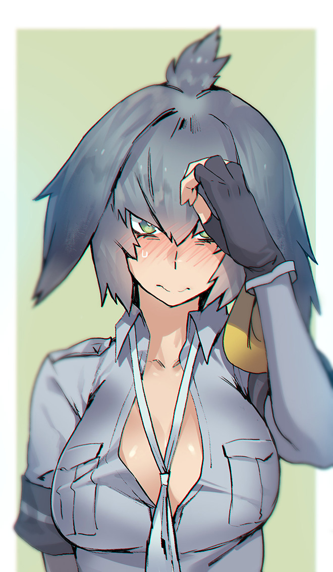 1girl bangs between_breasts black_gloves blush breast_pocket breasts closed_mouth collarbone collared_shirt embarrassed fingerless_gloves gloves green_eyes grey_hair grey_shirt hair_between_eyes hand_on_own_head hand_up harabacho_(gkfkqkch1) kemono_friends large_breasts long_hair looking_at_viewer low_ponytail multicolored_hair necktie necktie_between_breasts nose_blush orange_hair partially_unbuttoned pocket shirt shoebill_(kemono_friends) short_sleeves side_ponytail solo