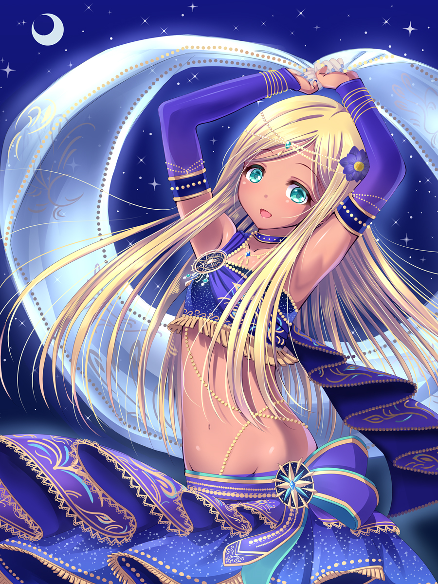 1girl anklet aqua_eyes arabian_clothes arms_up bandeau blonde_hair bracelet dancer dark_skin flat_chest harem_outfit highres idolmaster idolmaster_cinderella_girls idolmaster_cinderella_girls_starlight_stage jewelry layla_(idolmaster) long_hair looking_at_viewer navel open_mouth smile solo u2_(5798239)