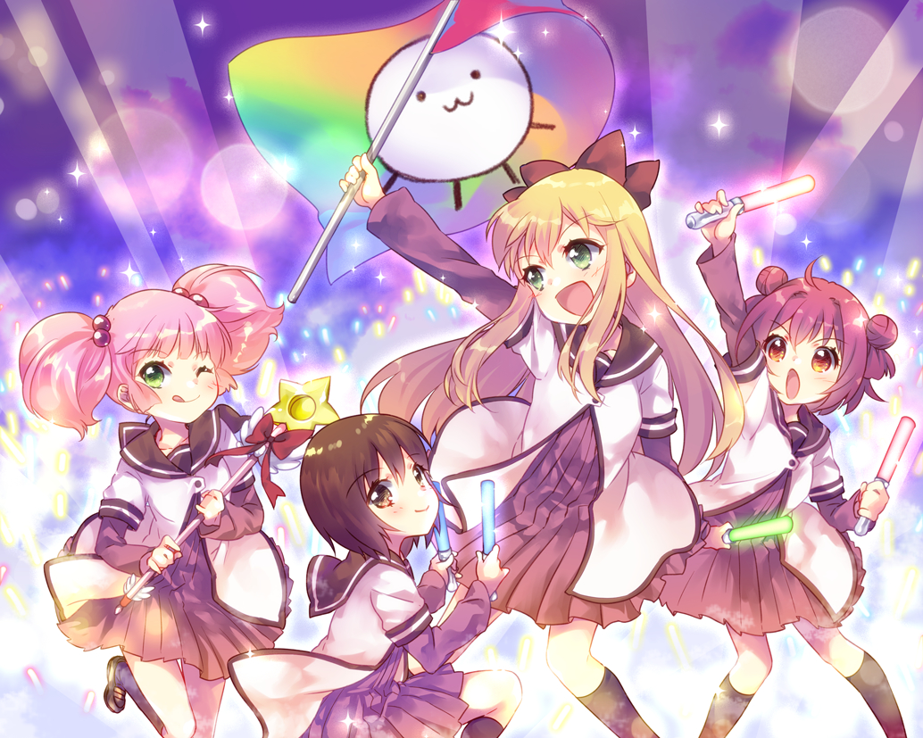 4girls ahoge akaza_akari arm_up black_footwear blonde_hair blush bow brown_bow brown_eyes brown_hair brown_legwear character_print closed_mouth collarbone commentary_request double_bun dress dual_wielding ech eyebrows_visible_through_hair funami_yui glowstick green_eyes hair_between_eyes hair_bobbles hair_bow hair_ornament head_tilt holding holding_flag holding_wand kneehighs leg_up lens_flare long_hair long_sleeves looking_at_viewer multiple_girls namori_(fictional_persona) nanamori_school_uniform open_mouth outstretched_arm pink_hair pleated_skirt rainbow_flag red_bow redhead school_uniform short_hair short_sleeves sitting skirt smile sparkle standing star_wand toshinou_kyouko twintails v-shaped_eyebrows wand yoshikawa_chinatsu yuru_yuri