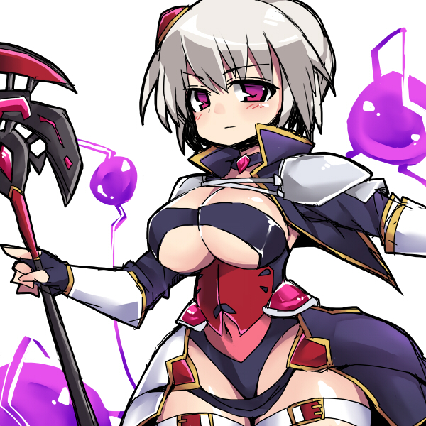 1girl armor breasts capelet cleavage fingerless_gloves gloves grace_(sennen_sensou_aigis) holding holding_weapon large_breasts looking_at_viewer nemui_(nemui) red_eyes sennen_sensou_aigis short_hair shoulder_pads silver_hair simple_background solo staff thighs weapon white_background