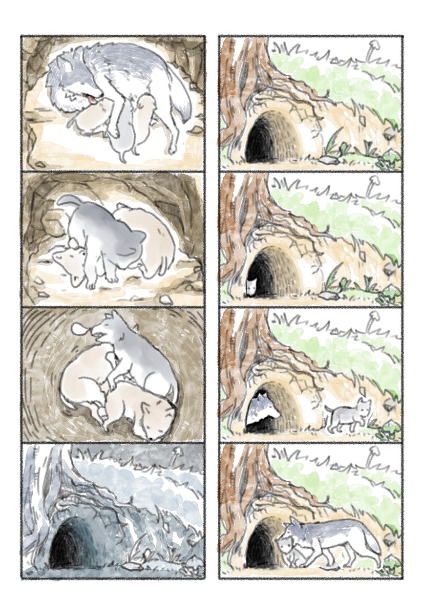 animal cave comic grey_wolf highres kemono_friends murakami_rei nature no_humans nose_bubble outdoors sleeping tree wolf wolf_cub