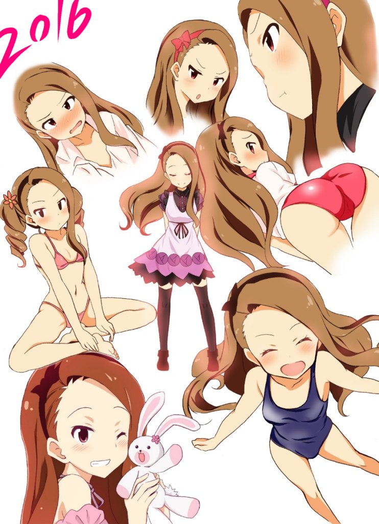 1girl 2016 :d :t ^_^ alternate_hairstyle arms_behind_back ass bare_shoulders barefoot bent_over bikini black_legwear blue_swimsuit blush breasts brown_hair buruma closed_eyes closed_mouth collarbone collared_shirt dress drill_hair flower grin gym_uniform hair_flower hair_ornament hairband head_tilt holding holding_stuffed_animal idolmaster long_hair looking_at_viewer looking_back minase_iori multiple_views navel no.gomensu number one-piece_swimsuit one_eye_closed open_mouth pink_bikini pink_dress pink_eyes profile shirt short_sleeves sitting small_breasts smile standing stuffed_animal stuffed_bunny stuffed_toy swimsuit thigh-highs twin_drills v-shaped_eyebrows white_background white_shirt wing_collar zettai_ryouiki
