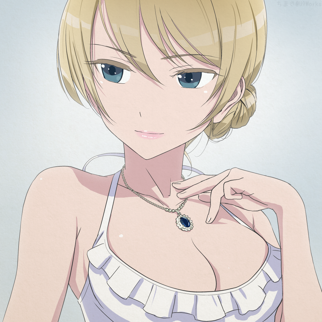 1girl alternate_costume blonde_hair blue_eyes braid breasts chimaki_(u9works) cleavage colored_eyelashes darjeeling eyebrows_visible_through_hair french_braid girls_und_panzer grey_background hair_between_eyes hand_on_own_chest large_breasts short_hair solo upper_body