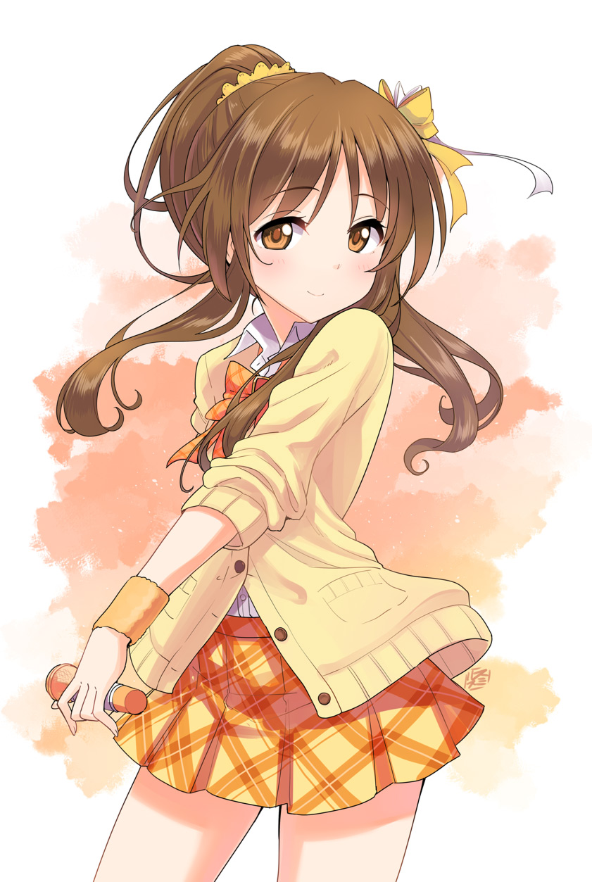 1girl arm_behind_back bangs blush bow brown_eyes brown_hair buttons cardigan closed_mouth collared_shirt cowboy_shot dress_shirt eyebrows_visible_through_hair hair_bow hair_intakes hair_over_shoulder highres holding holding_microphone idolmaster idolmaster_cinderella_girls long_hair long_sleeves looking_at_viewer microphone miniskirt plaid plaid_skirt pleated_skirt pocket ponytail shirt sidelocks signature skirt sleeve_pushed_up smile smirs solo takamori_aiko unbuttoned wing_collar wristband yellow_background yellow_bow yellow_cardigan yellow_skirt
