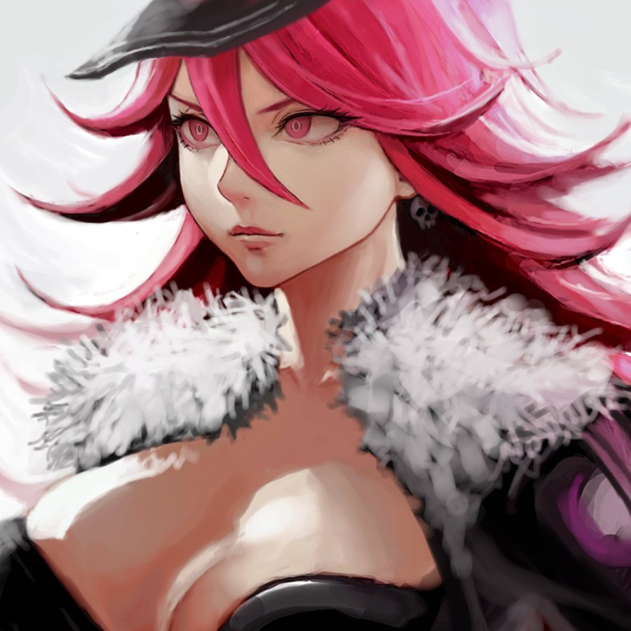 1girl big_hair breasts cleavage earrings final_fight hat hiro1984 jacket jewelry large_breasts pink_eyes pink_hair poison_(final_fight) skull_earrings solo street_fighter upper_body