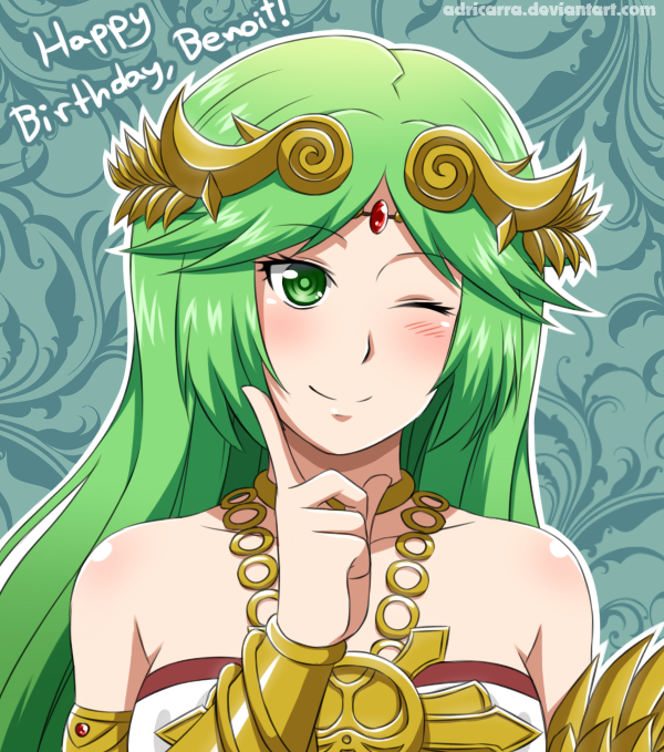 1girl adricarra artist_name bare_shoulders blush breasts closed_mouth collarbone deviantart_username eyebrows_visible_through_hair green_eyes green_hair index_finger_raised kid_icarus kid_icarus_uprising large_breasts long_hair looking_at_viewer one_eye_closed palutena smile solo super_smash_bros. upper_body watermark web_address