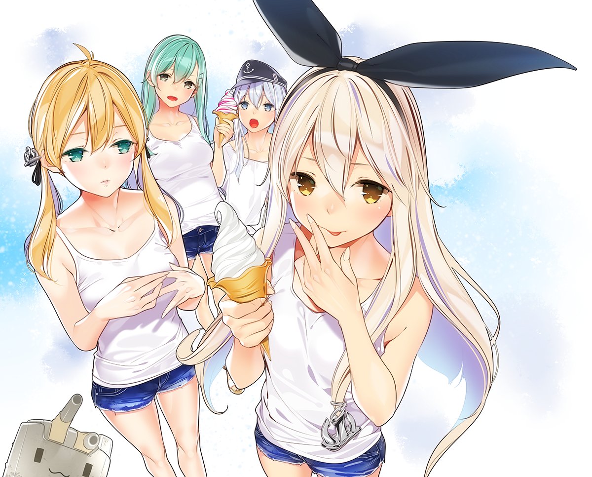 4girls ama_mitsuki anchor_hair_ornament bangs blonde_hair bow camisole closed_mouth cutoffs hair_between_eyes hair_bow hair_ornament hairband hairclip hand_to_own_mouth hat hibiki_(kantai_collection) ice_cream_cone kantai_collection long_hair looking_at_viewer multiple_girls open_mouth own_hands_together parted_bangs prinz_eugen_(kantai_collection) rensouhou-chan shimakaze_(kantai_collection) short_shorts shorts sidelocks smile suzuya_(kantai_collection) tank_top twintails