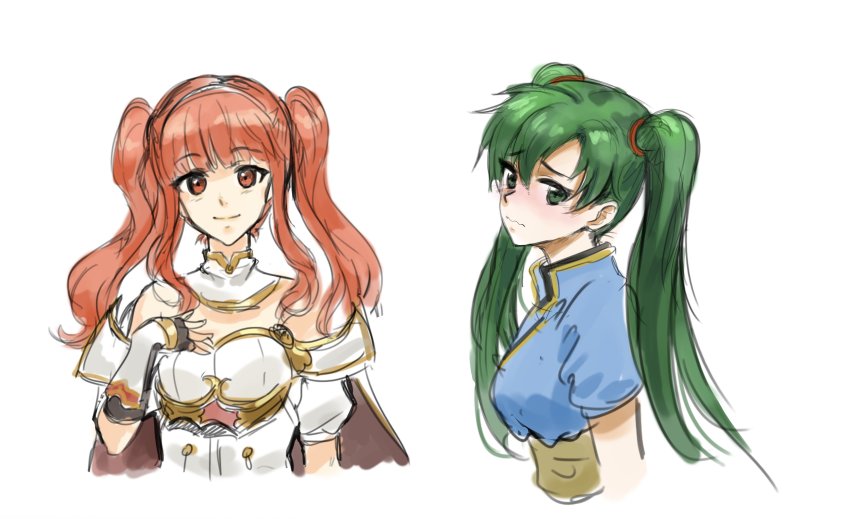 2girls armor athenawyrm blush cape celica_(fire_emblem) cute fire_emblem fire_emblem:_rekka_no_ken fire_emblem_echoes:_mou_hitori_no_eiyuuou fire_emblem_gaiden fire_emblem_heroes green_eyes green_hair hairband high_ponytail intelligent_systems long_hair looking_at_viewer lyndis_(fire_emblem) multiple_girls nintendo red_eyes redhead smile tiara twintails