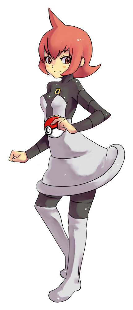 1girl ahoge bangs black_legwear blush_stickers breasts closed_mouth dress eyebrows eyebrows_visible_through_hair eyelashes facing_away full_body hair_between_eyes holding holding_poke_ball long_sleeves looking_to_the_side m_ata mars_(pokemon) over-kneehighs pantyhose poke_ball pokemon pokemon_(game) pokemon_dppt red_eyes redhead shiny shiny_clothes shiny_hair short_dress short_hair sidelocks simple_background small_breasts smile solo team_galactic thigh-highs turtleneck white_background white_dress white_legwear