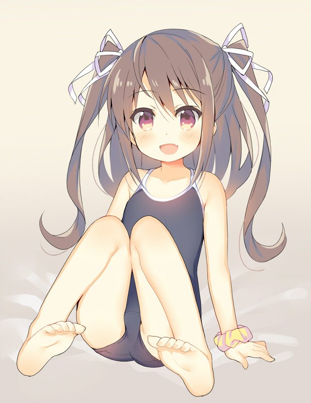 1girl ass barefoot brown_eyes brown_hair feet knees_together_feet_apart legs legs_up long_hair meito_(maze) one-piece_swimsuit open_mouth original ribbon school_swimsuit sitting smile soles solo swimsuit toes twintails two_side_up