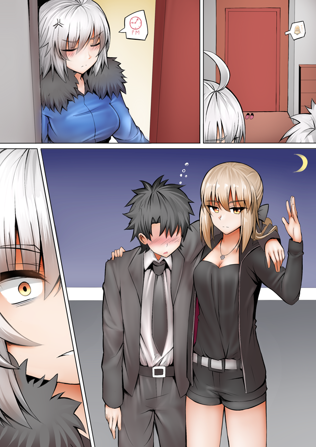 2boys 2girls ahoge anger_vein artoria_pendragon_(all) black_hair blonde_hair blush breasts carrying cleavage comic commentary_request crescent_moon doorbell drunk eyebrows_visible_through_hair fate/grand_order fate_(series) fujimaru_ritsuka_(male) fur_trim ginhaha jeanne_d'arc_(alter)_(fate) jeanne_d'arc_(fate)_(all) jewelry long_hair medium_breasts moon multiple_boys multiple_girls necklace necktie ponytail saber_alter short_hair shoulder_support silent_comic silver_hair yellow_eyes