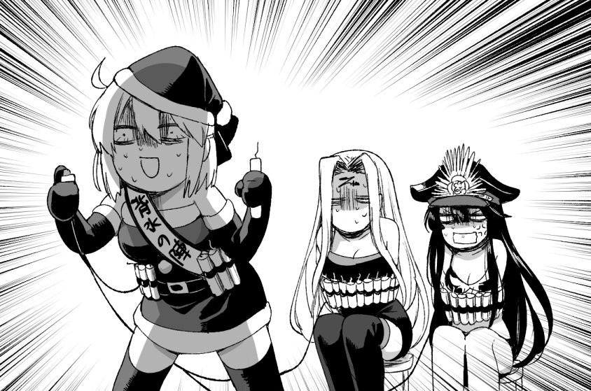 3girls ahoge alternate_costume anger_vein bikini black_hair breasts christmas cleavage commentary_request demon_archer dynamite fate/grand_order fate_(series) fur_trim gloves hat long_hair multiple_girls oda_nobunaga_(swimsuit_berserker)_(fate) okita_souji_(fate) open_mouth pale_face peaked_cap piroya_(shabushabu) rider sakura_saber santa_costume santa_hat short_hair speed_lines sweatdrop swimsuit tnt