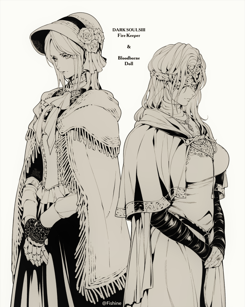 2girls bloodborne bonnet character_name company_connection copyright_name crossover dark_souls_iii doll_joints dress fire_keeper fishine from_software greyscale jewelry mask monochrome multiple_girls necklace plain_doll poncho simple_background souls_(from_software)