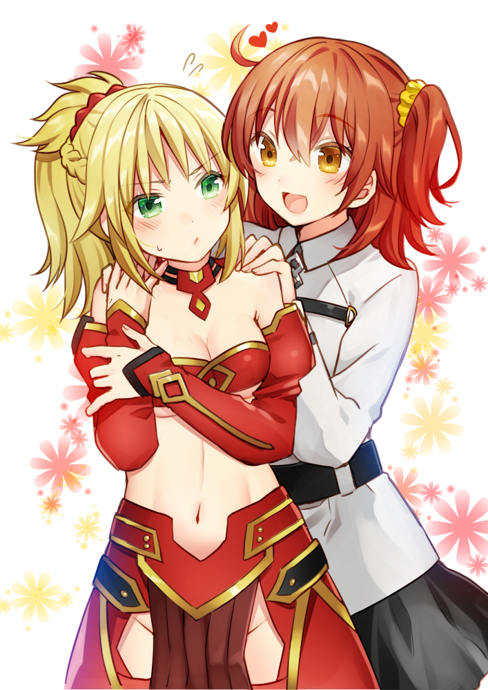 2girls :d ahoge bangs bare_shoulders black_skirt blonde_hair blush braid breasts cleavage closed_mouth collar cowboy_shot detached_sleeves eyebrows_visible_through_hair fate/grand_order fate_(series) floral_background flying_sweatdrops french_braid fujimaru_ritsuka_(female) green_eyes groin hair_ornament hair_scrunchie hand_on_own_arm hand_up hands_on_another's_shoulders heart kurata_rine loincloth long_sleeves mordred_(fate) mordred_(fate)_(all) multiple_girls navel no_panties one_side_up open_mouth orange_hair ponytail saber_of_red scrunchie short_hair sidelocks skirt sleeves_past_wrists small_breasts smile standing stomach strapless sweat tareme toned tubetop uniform v-shaped_eyebrows yellow_eyes yuri