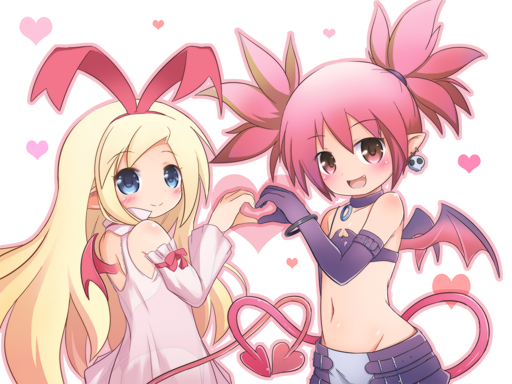 2girls :d arm_belt bangs bare_shoulders black_belt black_gloves black_skirt blonde_hair blue_eyes blush closed_mouth collarbone commentary_request demon_girl demon_tail demon_wings detached_sleeves disgaea dress earrings elbow_gloves etna eyebrows_visible_through_hair fang flat_chest flonne flonne_(fallen_angel) from_side gloves groin hair_between_eyes hair_ribbon head_tilt heart heart_background heart_hands heart_hands_duo heart_tail intertwined_tails jewelry long_hair long_sleeves looking_at_viewer mini_wings multiple_girls navel nekono_rin open_mouth pointy_ears red_eyes red_ribbon red_wings redhead ribbon skirt skull_earrings sleeveless sleeveless_dress smile tail twintails very_long_hair white_background white_dress wings