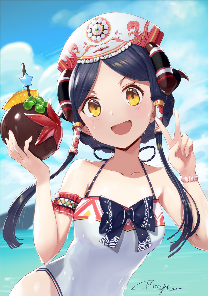 1girl 2017 :d arm_garter artist_name bangs black_hair blurry blush bracelet braid brown_eyes clouds coconut collarbone commentary_request dated day depth_of_field drinking_straw food fruit hair_tubes halterneck head_tilt headdress highres holding horns jewelry looking_at_viewer number one-piece_swimsuit open_mouth original outdoors parted_bangs ranyu short_hair_with_long_locks sidelocks signature sky smile solo swimsuit v v-shaped_eyebrows water wet white_swimsuit