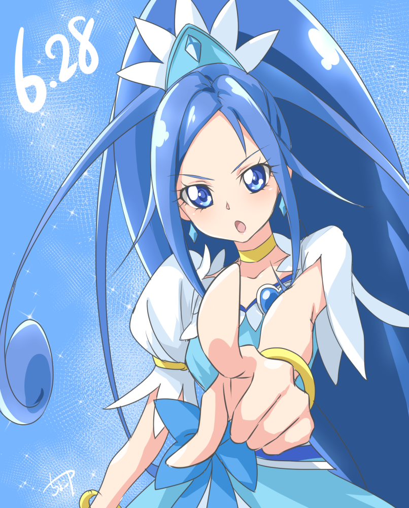 1girl :o blue blue_background blue_bow blue_eyes blue_hair blue_skirt bow chocokin choker cure_diamond dated dokidoki!_precure earrings foreshortening hishikawa_rikka jewelry long_hair looking_at_viewer magical_girl open_mouth pointing ponytail precure signature simple_background skirt solo upper_body yellow_neckwear