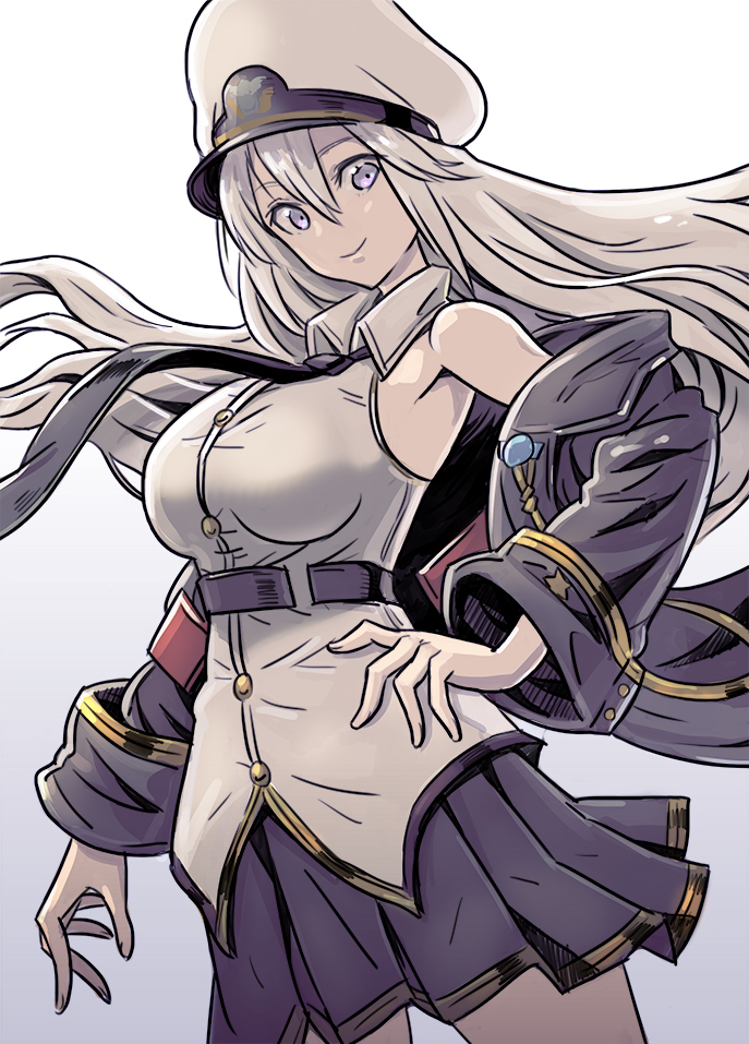 1girl aiguillette armpits azur_lane bangs belt black_belt black_coat black_neckwear black_skirt breasts buttons coat collared_shirt cowboy_shot dress_shirt dutch_angle enterprise_(azur_lane) eyebrows floating_hair gradient gradient_background hair_between_eyes hat large_breasts lavender_background long_hair long_sleeves miniskirt multicolored multicolored_background mushiki_k necktie open_clothes open_coat peaked_cap pleated_skirt shirt silver_hair skirt sleeveless sleeveless_shirt solo star two-tone_background very_long_hair violet_eyes white_background white_hat white_shirt wide_sleeves