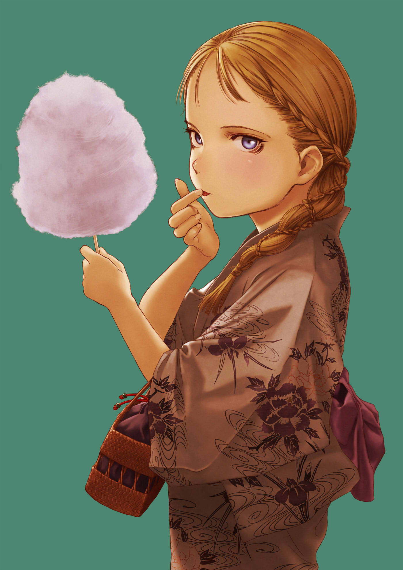 1girl arms_up blonde_hair blue_eyes braid cotton_candy finger_licking floral_print food green_background highres holding holding_food hotateyuki japanese_clothes kimono licking long_hair looking_at_viewer original simple_background solo standing yukata