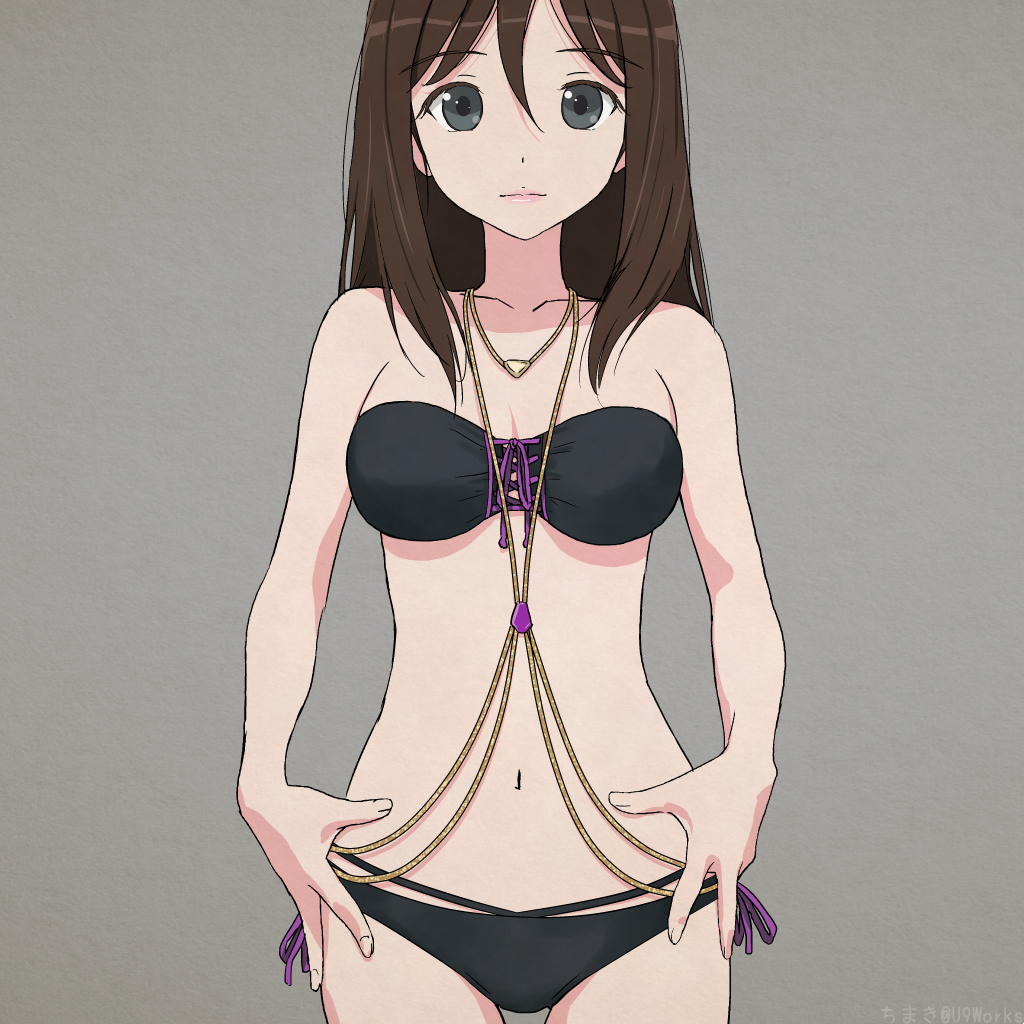 1girl artist_name bikini black_eyes breasts brown_hair character_request chimaki_(u9works) cleavage copyright_request grey_background hands_on_own_hips lace-up_top long_hair medium_breasts navel side-tie_bikini solo swimsuit thigh_gap twitter_username