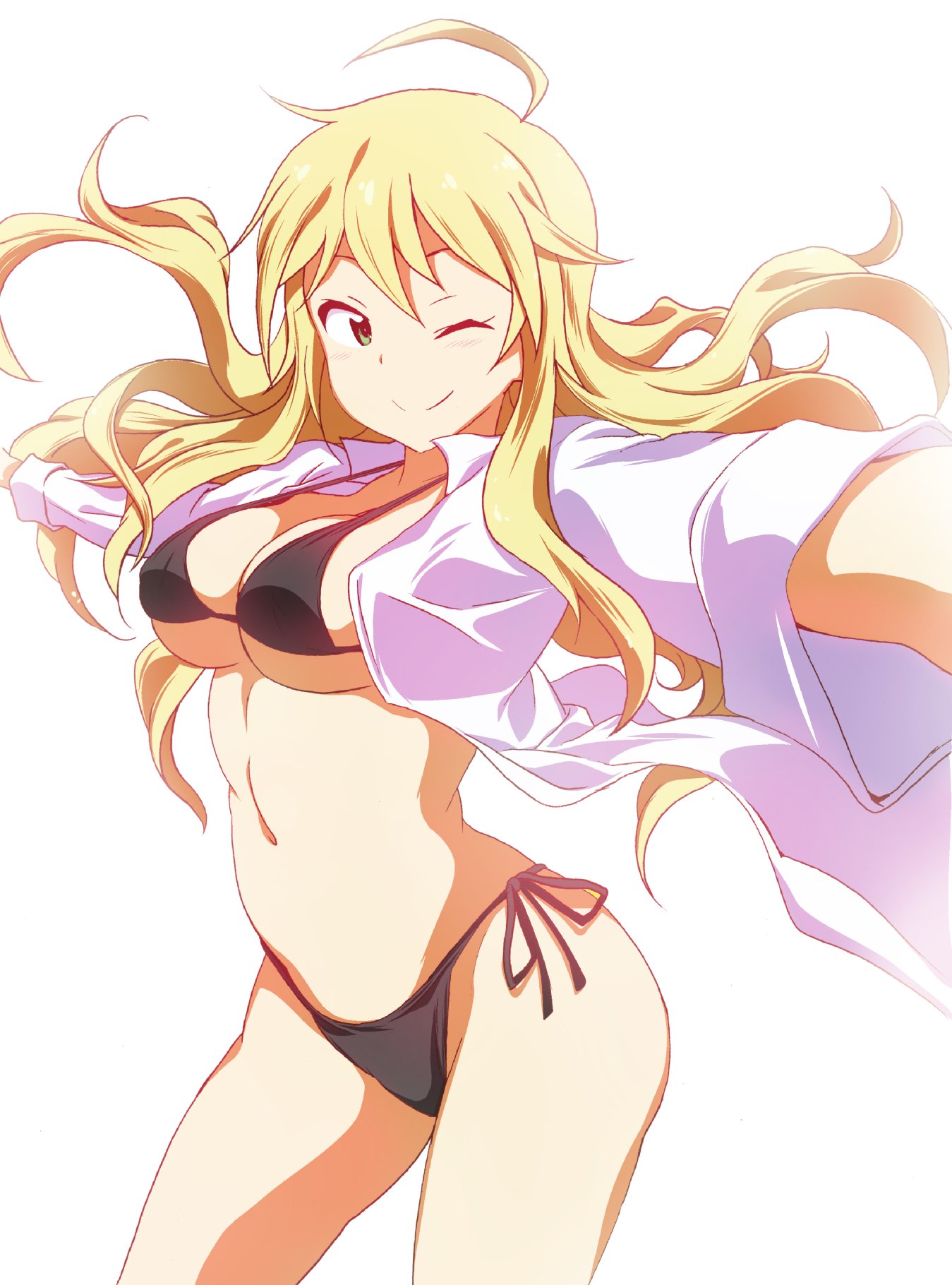 1girl ;) ahoge bikini black_bikini blush breasts closed_mouth cowboy_shot floating_hair green_eyes highres hoshii_miki idolmaster large_breasts long_hair long_sleeves navel no.gomensu one_eye_closed open_clothes open_shirt outstretched_arms shirt side-tie_bikini simple_background smile solo spread_arms standing strap_gap swimsuit white_background white_shirt