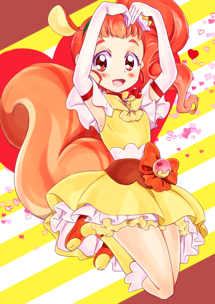 1girl animal_ears arisugawa_himari arms_up blush bow brown_hair cure_custard dress elbow_gloves full_body gloves heart jumping kirakira_precure_a_la_mode kneehighs looking_at_viewer magical_girl naruse_yasuhiro orange_bow orange_footwear ponytail precure red_eyes shoes short_hair solo squirrel_ears squirrel_tail striped striped_background tail white_gloves yellow_bow yellow_dress yellow_legwear