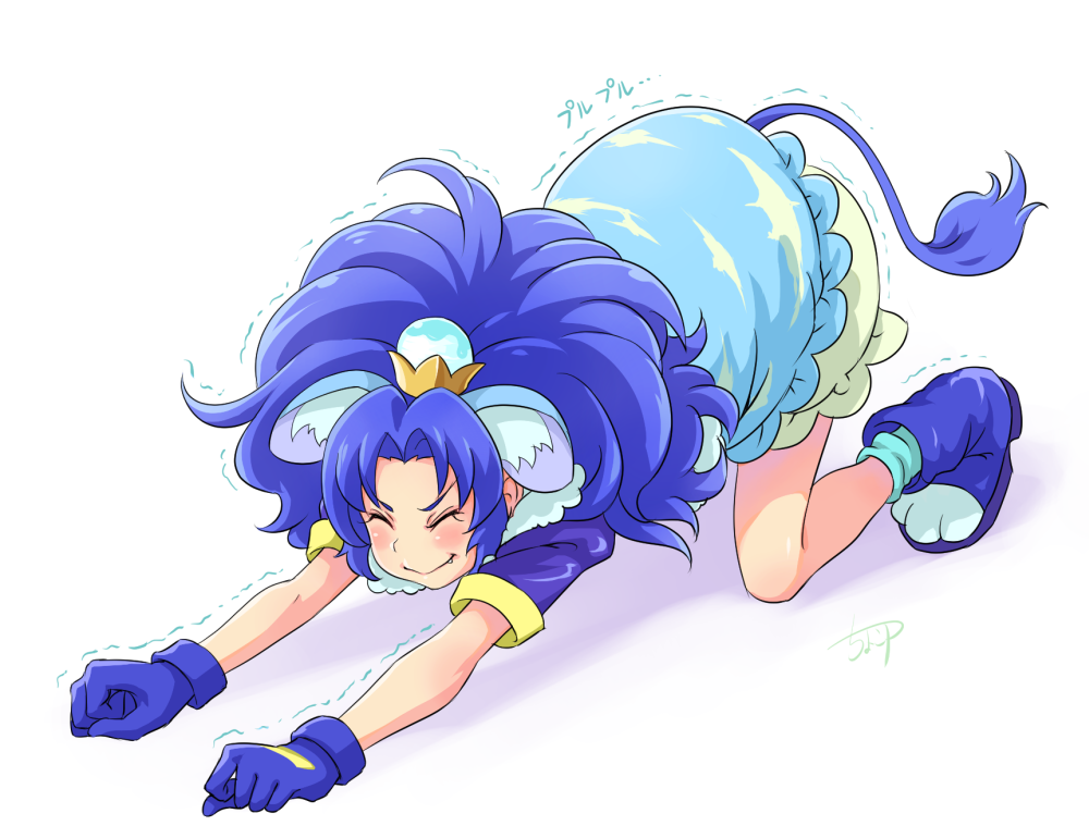 1girl all_fours animal_ears blue_footwear blue_gloves blue_hair blue_shirt blue_skirt chocokin closed_eyes cure_gelato extra_ears full_body gloves kirakira_precure_a_la_mode lion_ears lion_tail long_hair magical_girl precure shirt shoes signature simple_background skirt solo stretch tail tategami_aoi trembling white_background
