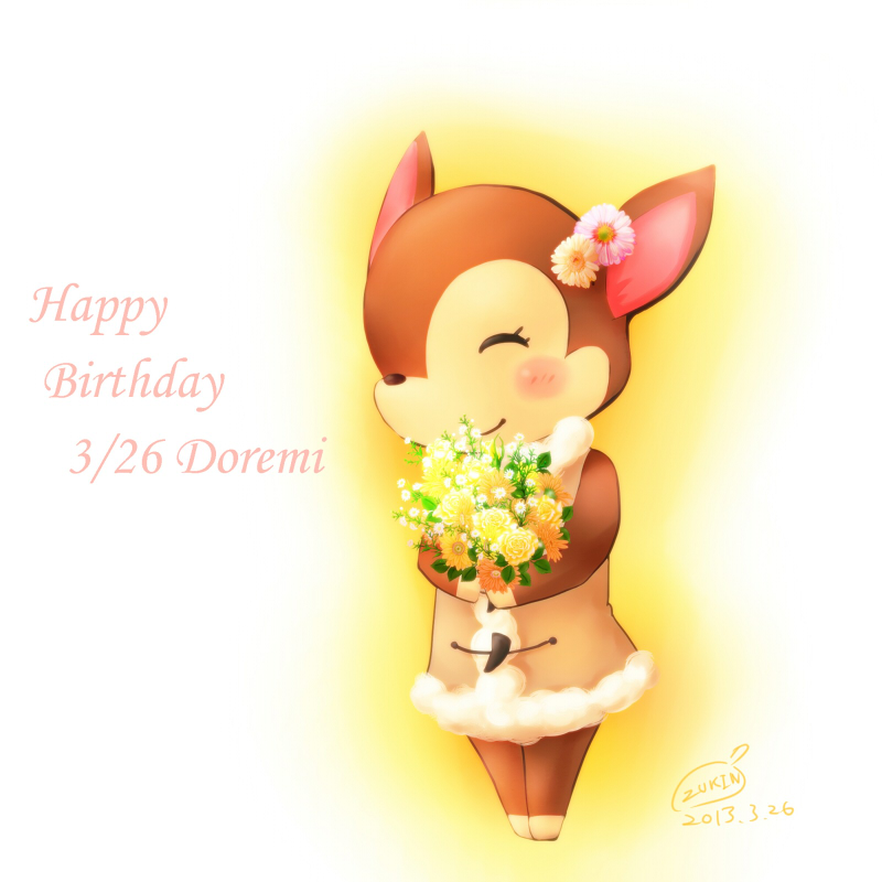 1girl artist_name blush bouquet character_name closed_eyes dated deer_ears doremi_(doubutsu_no_mori) doubutsu_no_mori flower fur_trim happy_birthday leaf