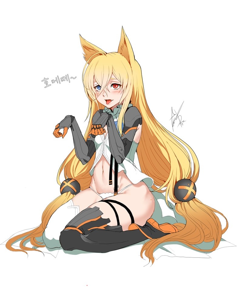 ahoge animal_ears artist_request blonde_hair blue_eyes breasts full_body g41_(girls_frontline) girls_frontline hair_between_eyes heterochromia korean long_hair low-tied_long_hair mechanical_arms midriff navel panties paw_pose red_eyes sitting small_breasts string_panties thigh-highs tongue tongue_out underwear very_long_hair wariza white_panties