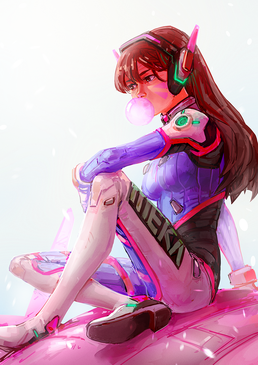 1girl acronym animal_print arm_support bangs blue_bodysuit bodysuit breasts brown_eyes brown_hair bubble_blowing bunny_print chewing_gum clothes_writing d.va_(overwatch) facepaint facial_mark gloves hair_between_eyes headphones high_collar highres legs_crossed long_hair mecha medium_breasts meka_(overwatch) nomnomroko overwatch petals pilot_suit ribbed_bodysuit shoulder_pads sitting sitting_on_object skin_tight solo swept_bangs whisker_markings white_background white_gloves