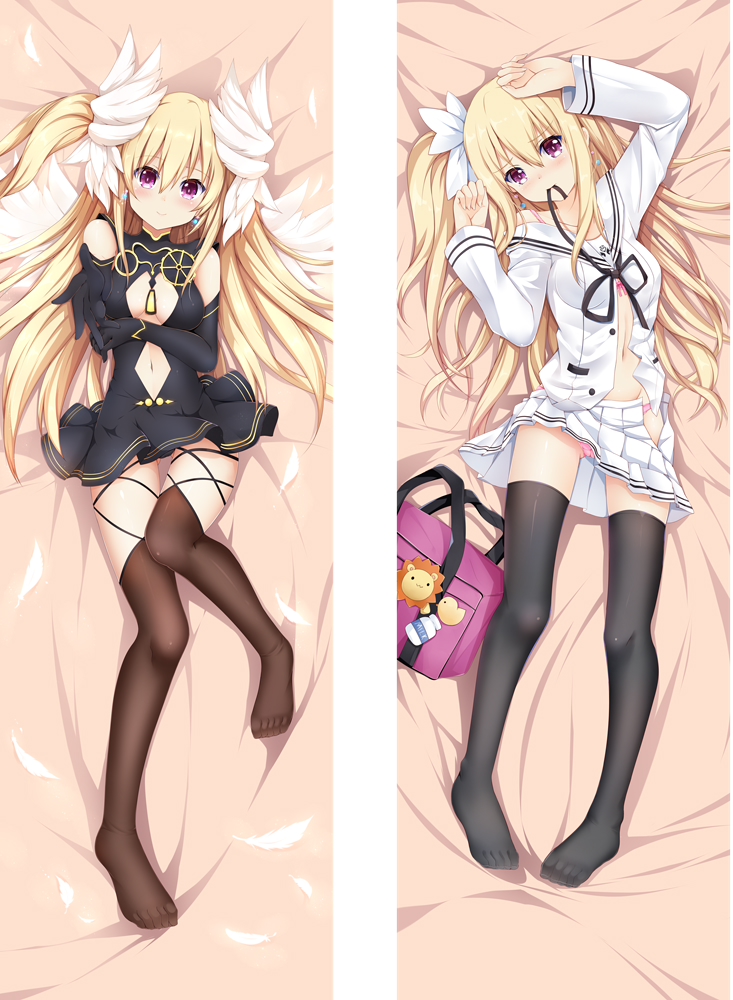 1girl bag black_dress black_gloves black_legwear blonde_hair cleavage_cutout dakimakura date_a_live dress elbow_gloves feathered_wings gloves hair_ribbon jacket long_hair lying mayuri_(date_a_live) mouth_hold navel navel_cutout on_back panties partially_unbuttoned pearl_earrings pink_panties qingye_ling reaching_out ribbon ribbon_in_mouth school_bag skirt solo thigh-highs underwear violet_eyes white_jacket white_ribbon white_skirt wings